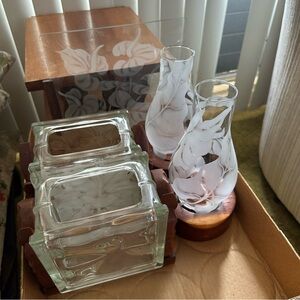 Vintage Hawaiian Glass Etched & Hand Carved Wooden Homeware